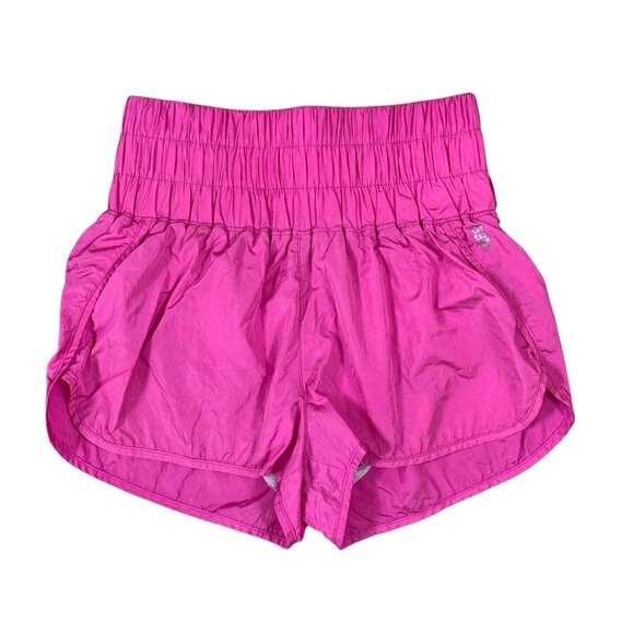 Free People Movement Pink High Rise Smocked Waist Dolphin Hem Nylon Gym Shorts M - Picture 1 of 3